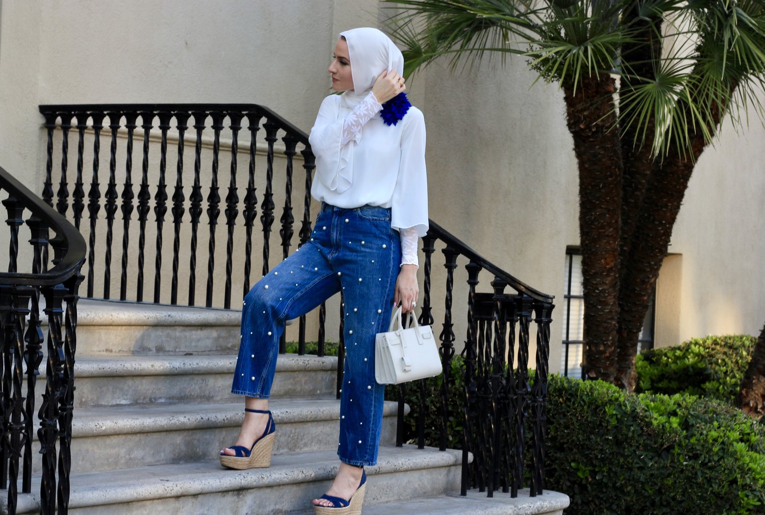 High Rise Jeans with Pearl Embellishments