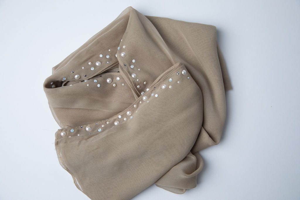 Taupe Hijab with Crystal and Pearl Trim