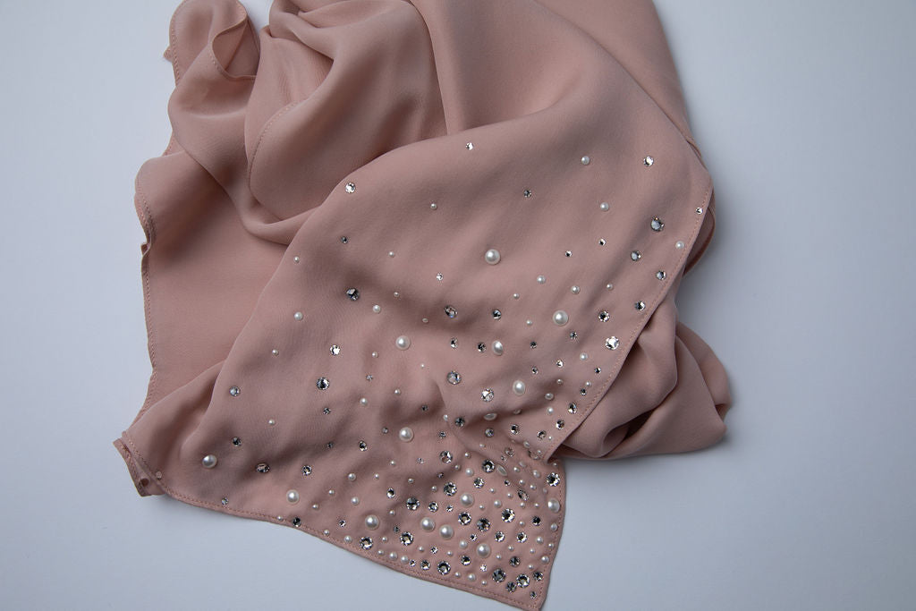 Blush Hijab with Crystal and Pearl Edges